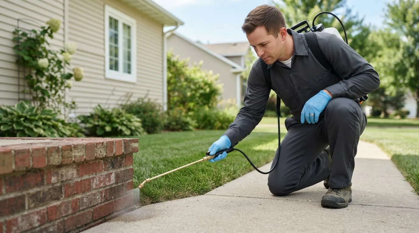 Pest control technician treating a home near Northfield, MN